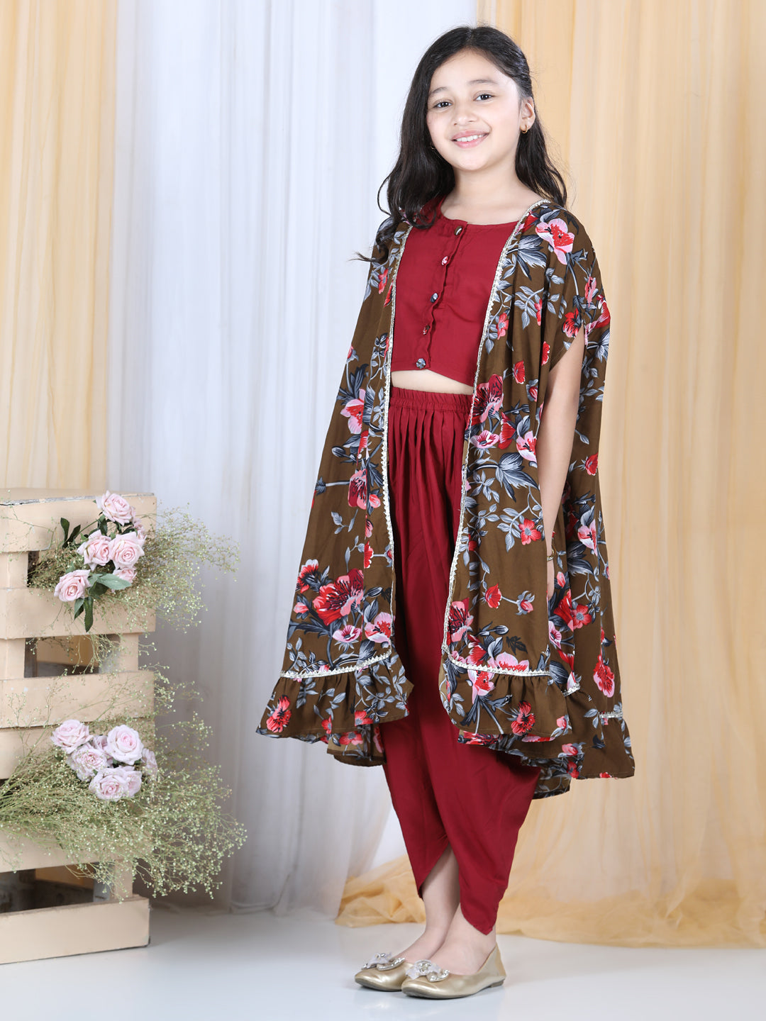 Cutiekins Floral Printed Crop Top ,Dhoti & Cape Set -Maroon