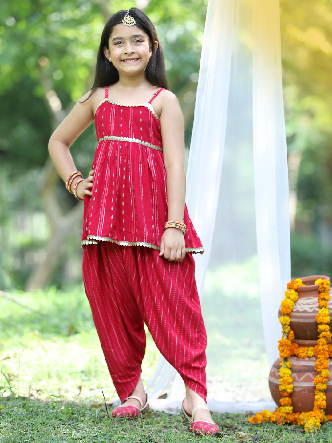 Cutiekins Printed Peplum Top & Dhoti Set -Red & Golden