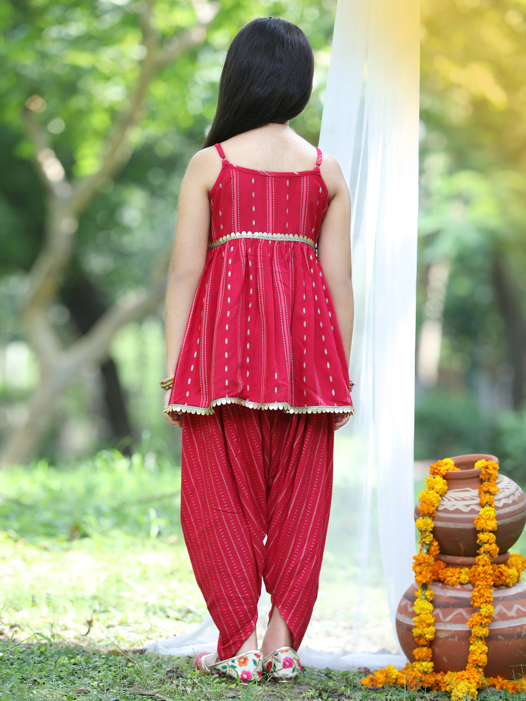 Cutiekins Printed Peplum Top & Dhoti Set -Red & Golden