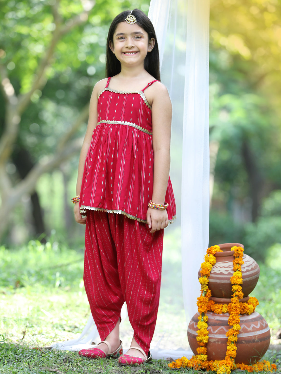 Cutiekins Printed Peplum Top & Dhoti Set -Red & Golden