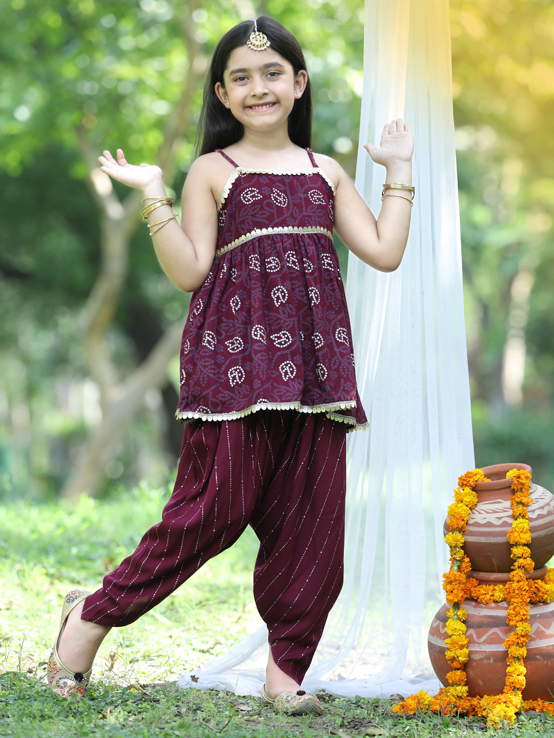 Cutiekins Printed Peplum Top & Dhoti Set -Purple & Golden