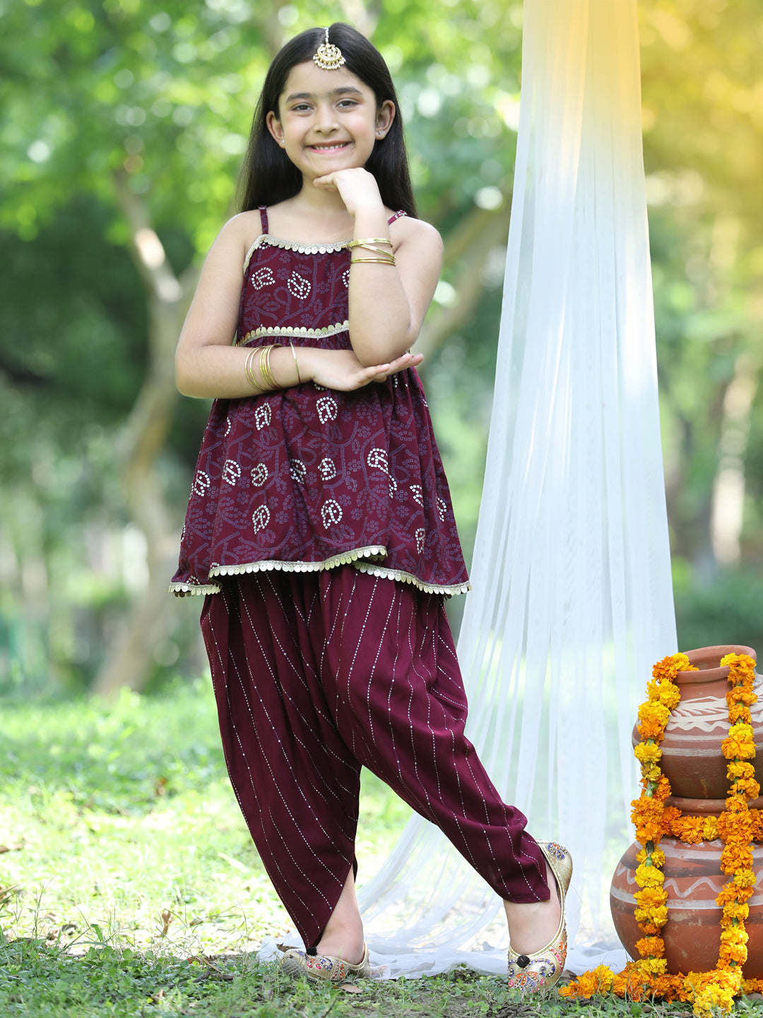 Cutiekins Printed Peplum Top & Dhoti Set -Purple & Golden