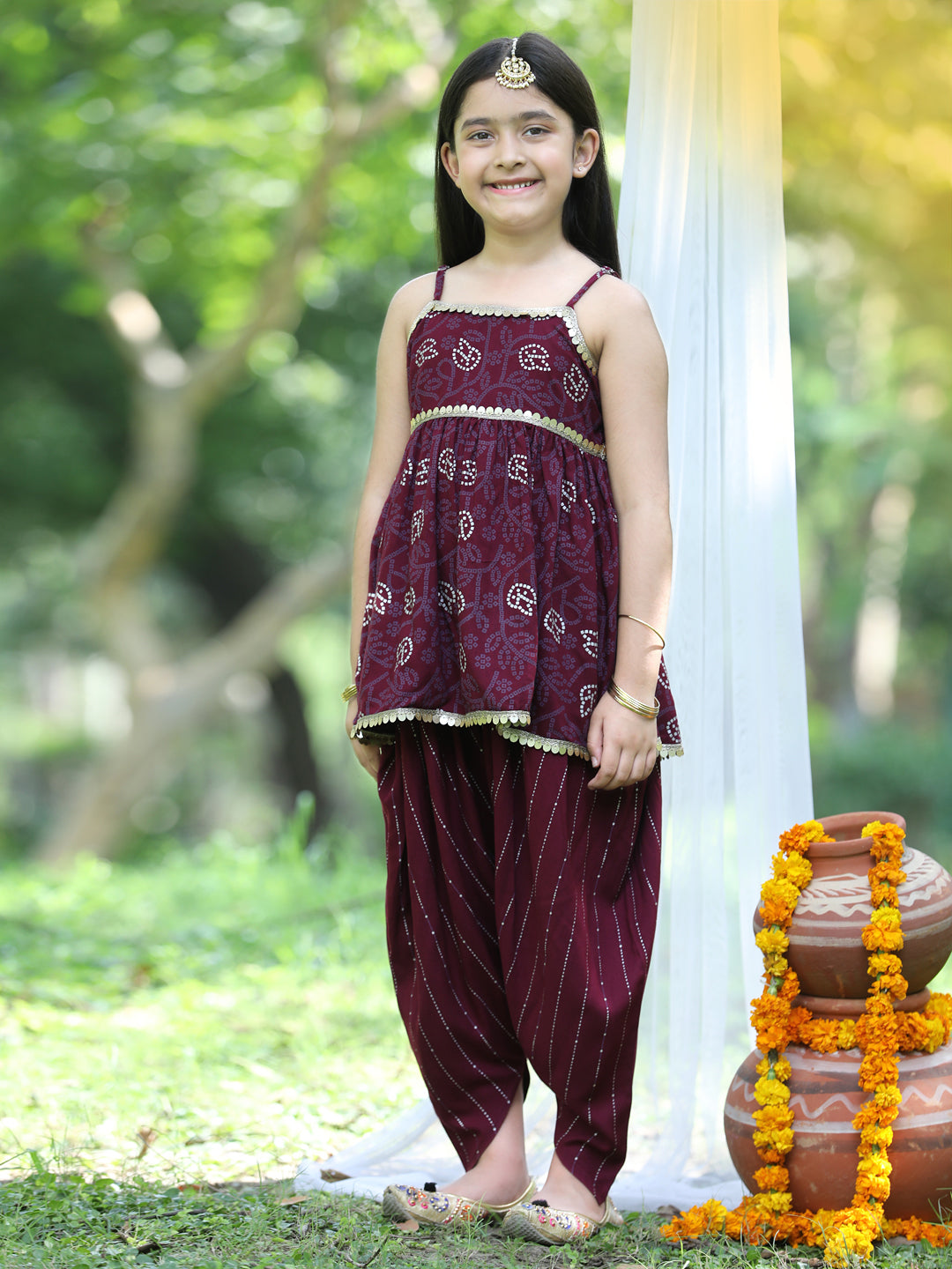 Cutiekins Printed Peplum Top & Dhoti Set -Purple & Golden