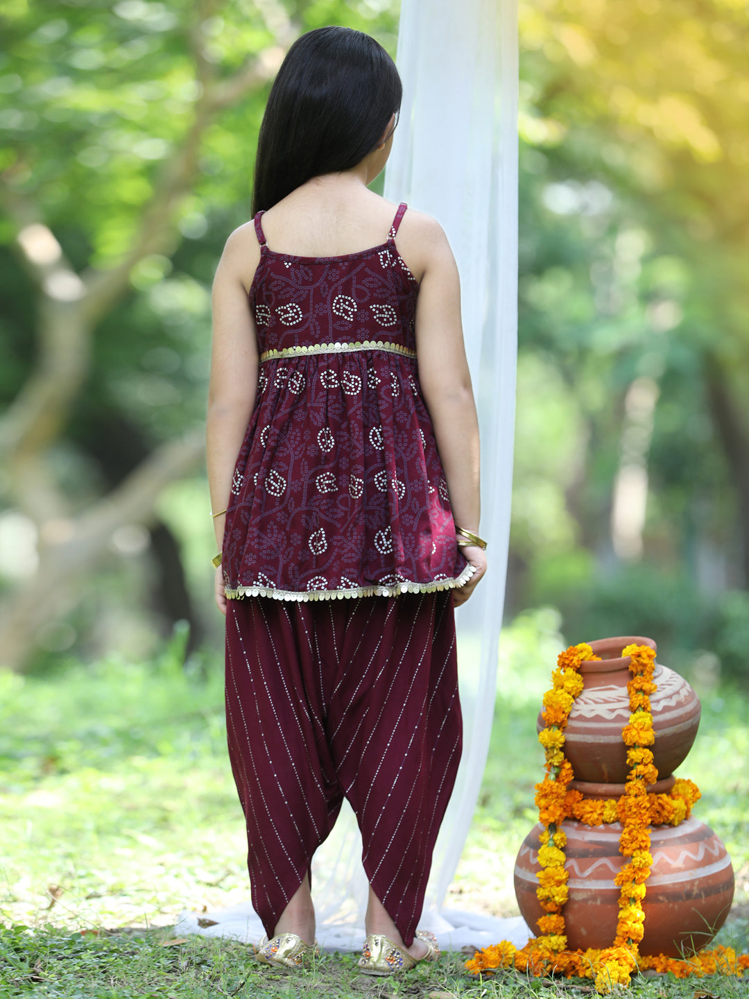 Cutiekins Printed Peplum Top & Dhoti Set -Purple & Golden