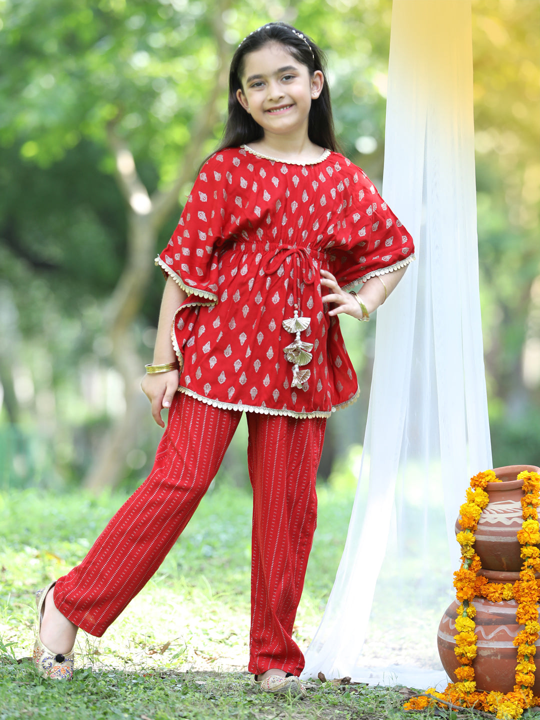 Cutiekins Printed Kaftaan & Palazzo Set-Red & Golden