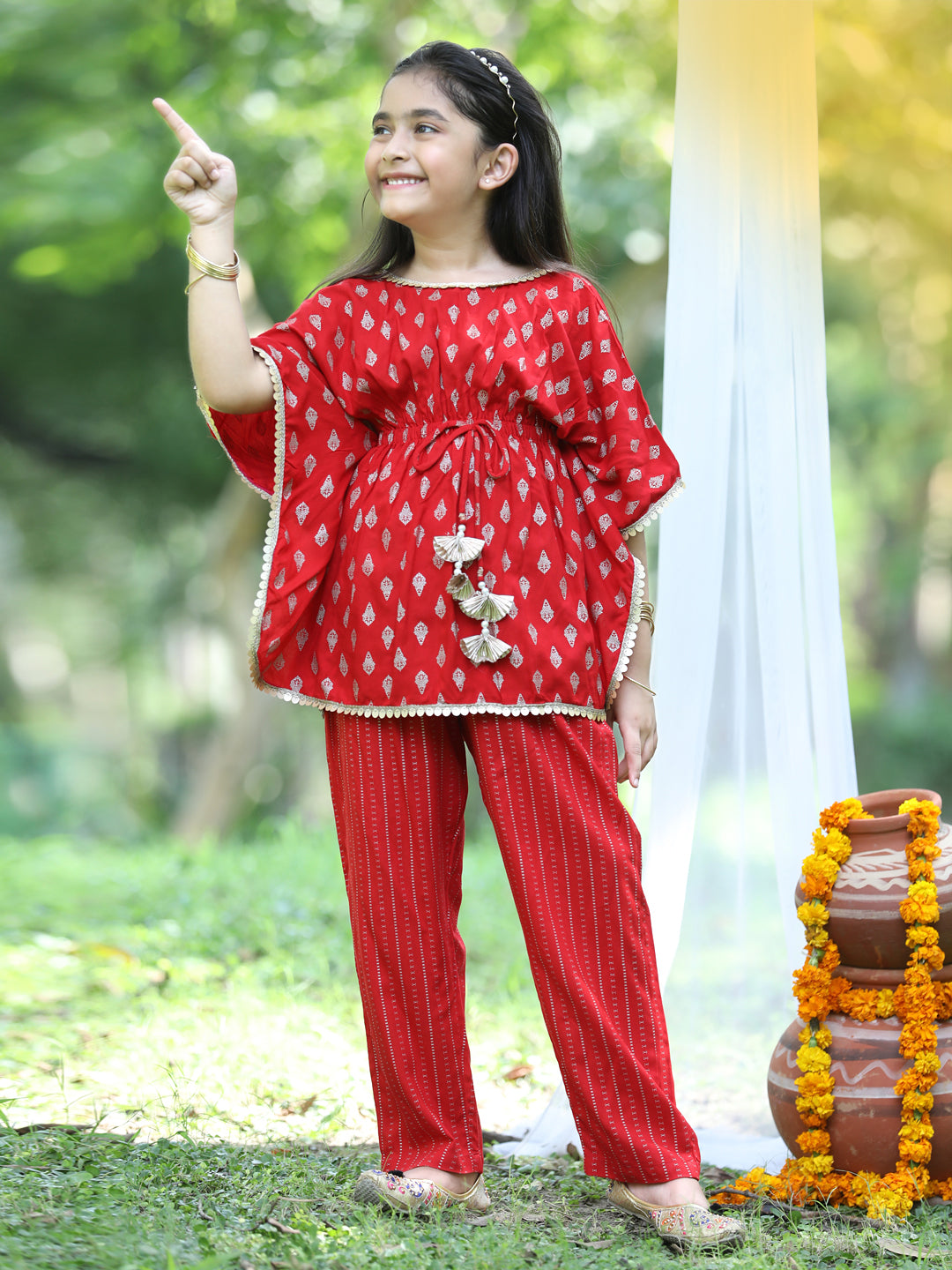 Cutiekins Printed Kaftaan & Palazzo Set-Red & Golden