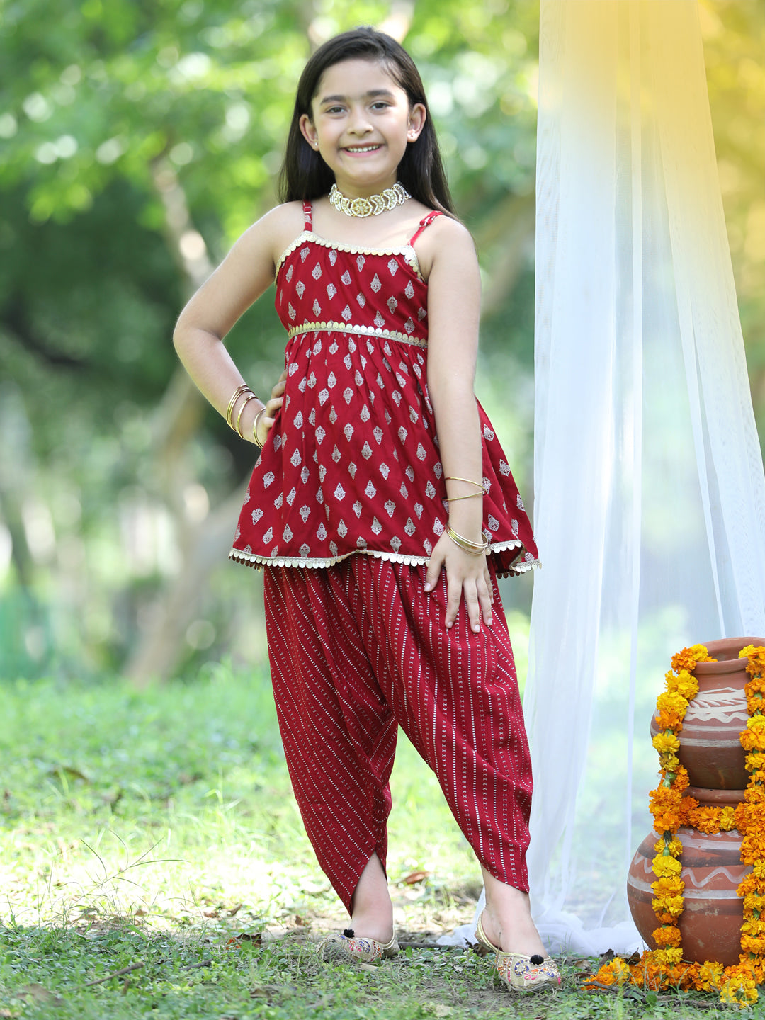 Cutiekins Printed Peplum Top & Dhoti Set -Maroon & Golden