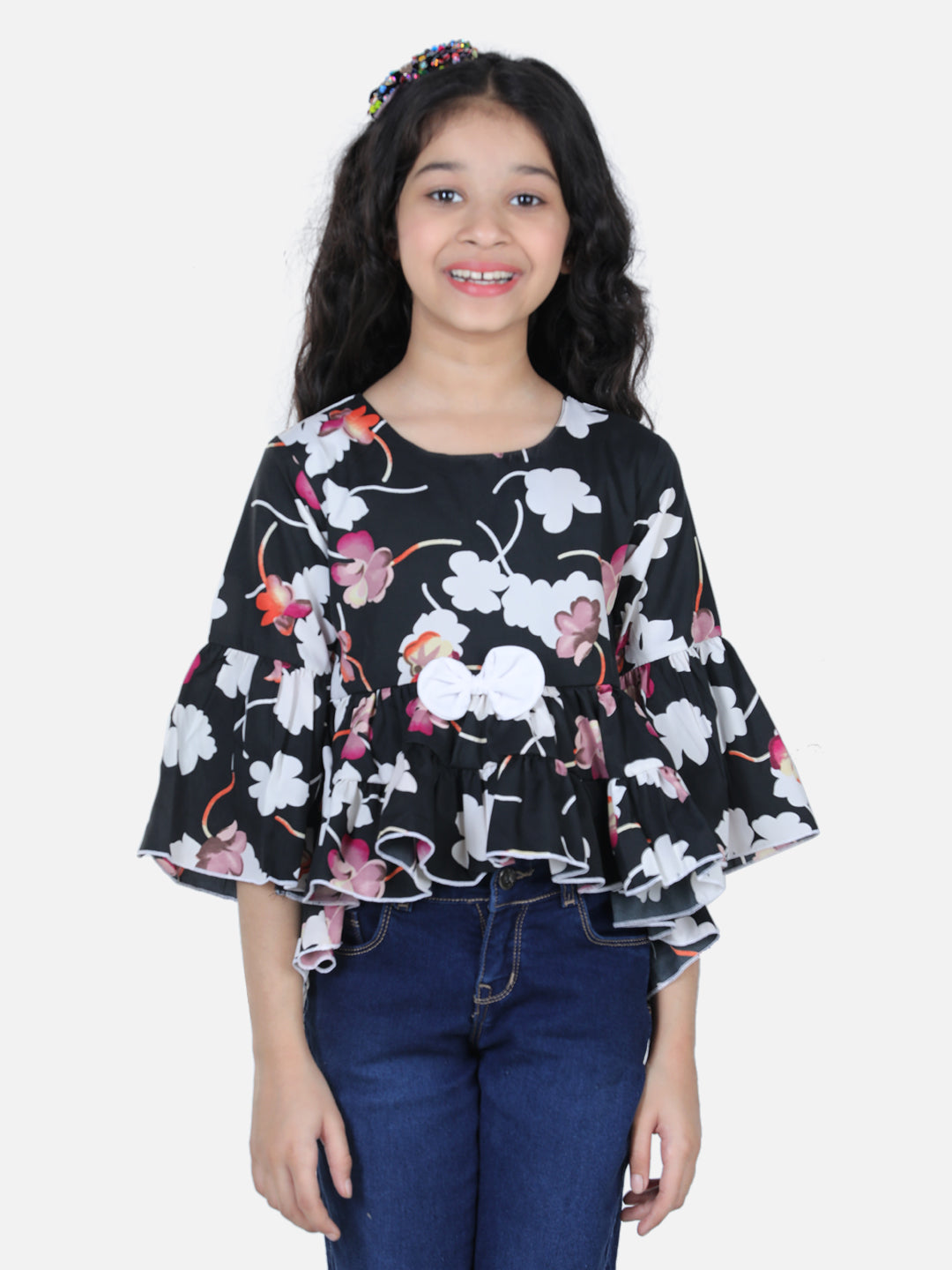 Cutiekins Floral Print Top For Girls - Black & White