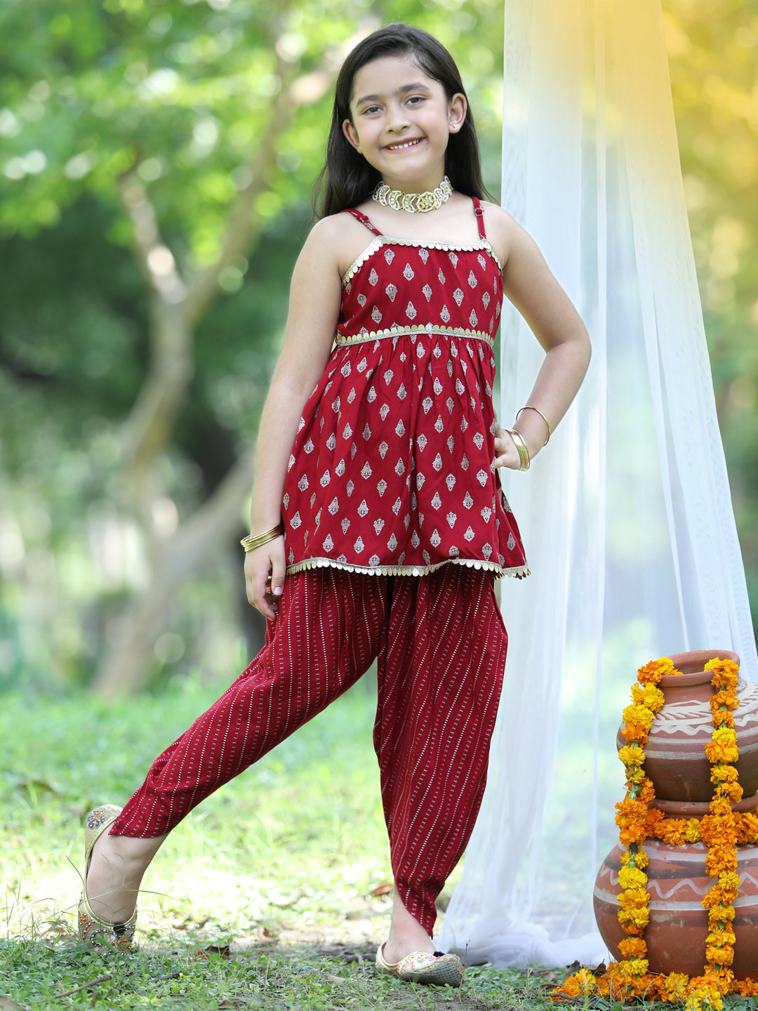 Cutiekins Printed Peplum Top & Dhoti Set -Maroon & Golden