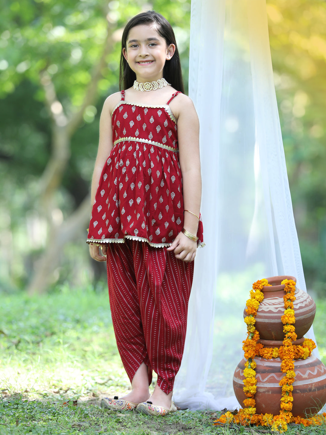 Cutiekins Printed Peplum Top & Dhoti Set -Maroon & Golden