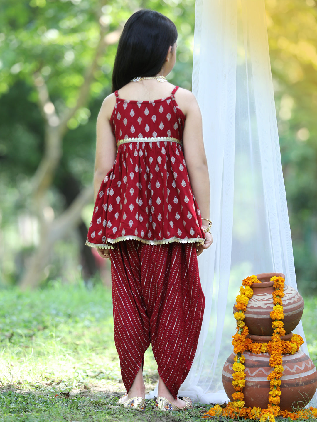 Cutiekins Printed Peplum Top & Dhoti Set -Maroon & Golden