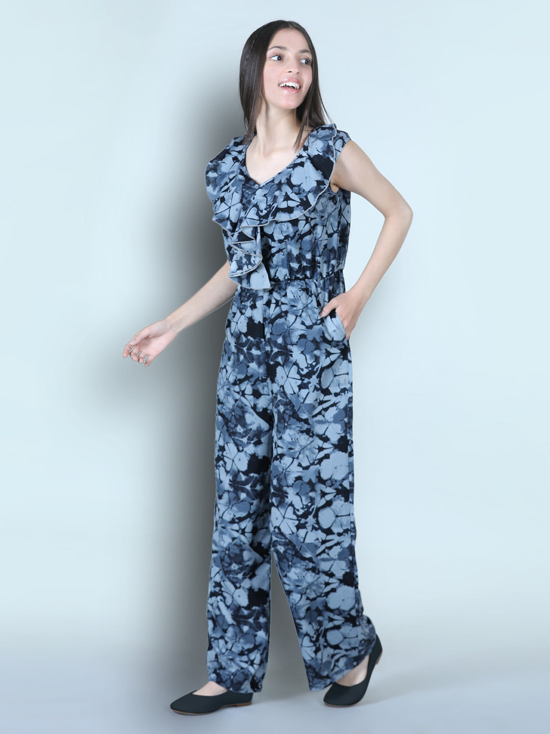 Cutiekins Smoky Printed Polyester Jumpsuit -Grey & Black