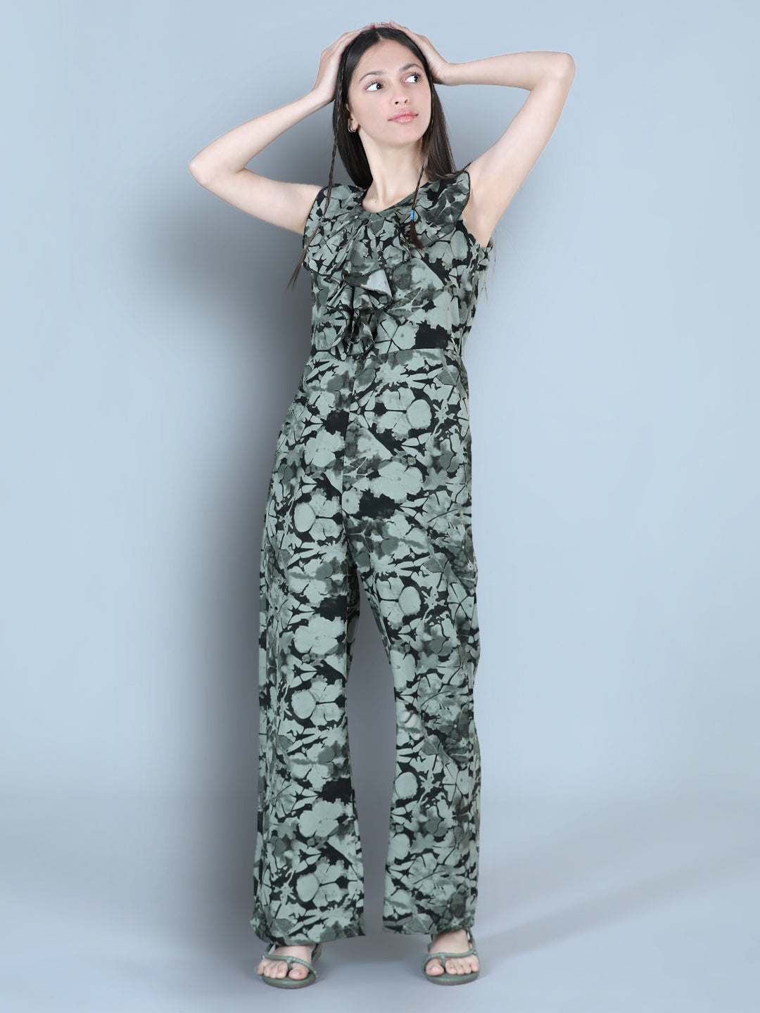 Cutiekins Smoky Printed Polyester Jumpsuit -Green & Olive