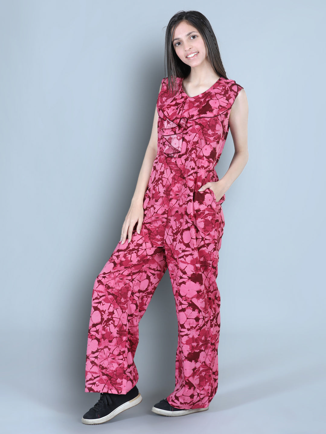 Cutiekins Smoky Printed Polyester Jumpsuit -Maroon & Burgendy