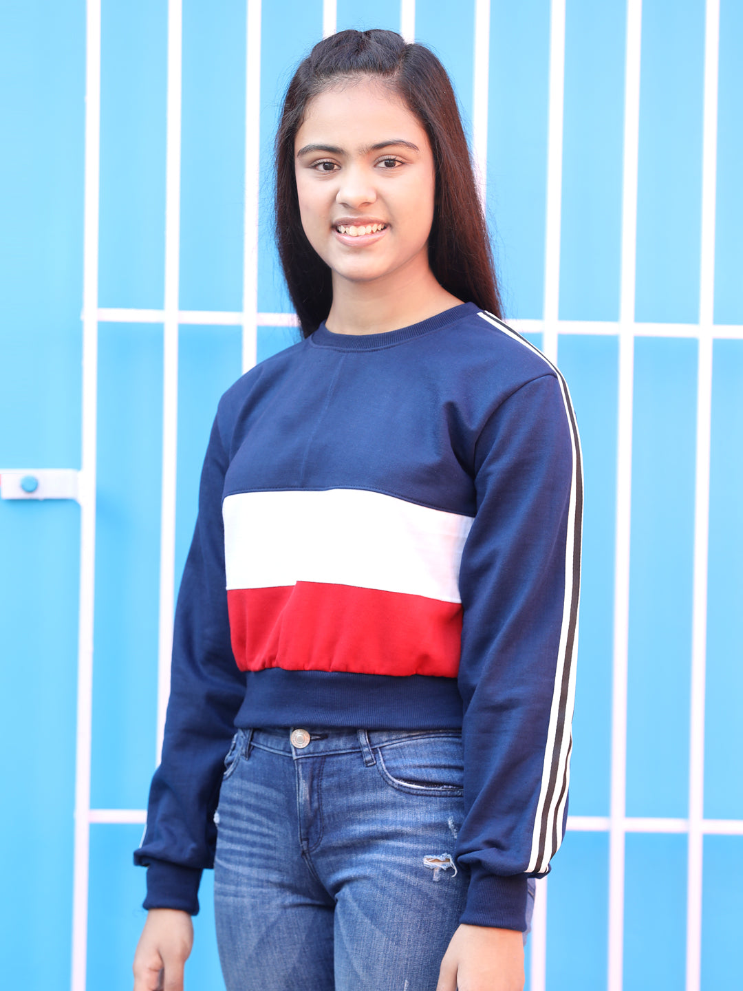 Cutiekins Colourblocked Round Neck Crop Sweatshirt-Navy Blue & White