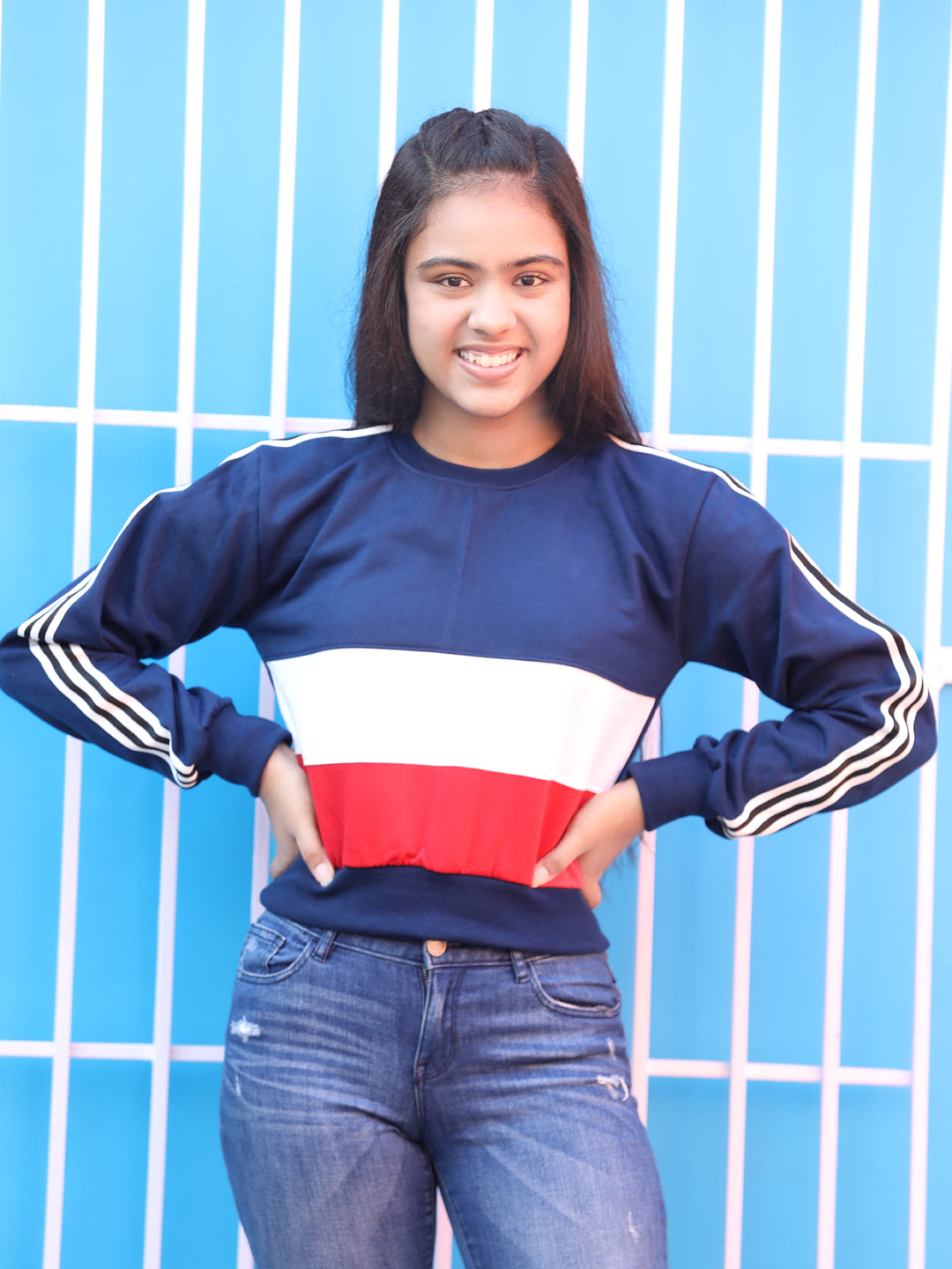 Cutiekins Colourblocked Round Neck Crop Sweatshirt-Navy Blue & White