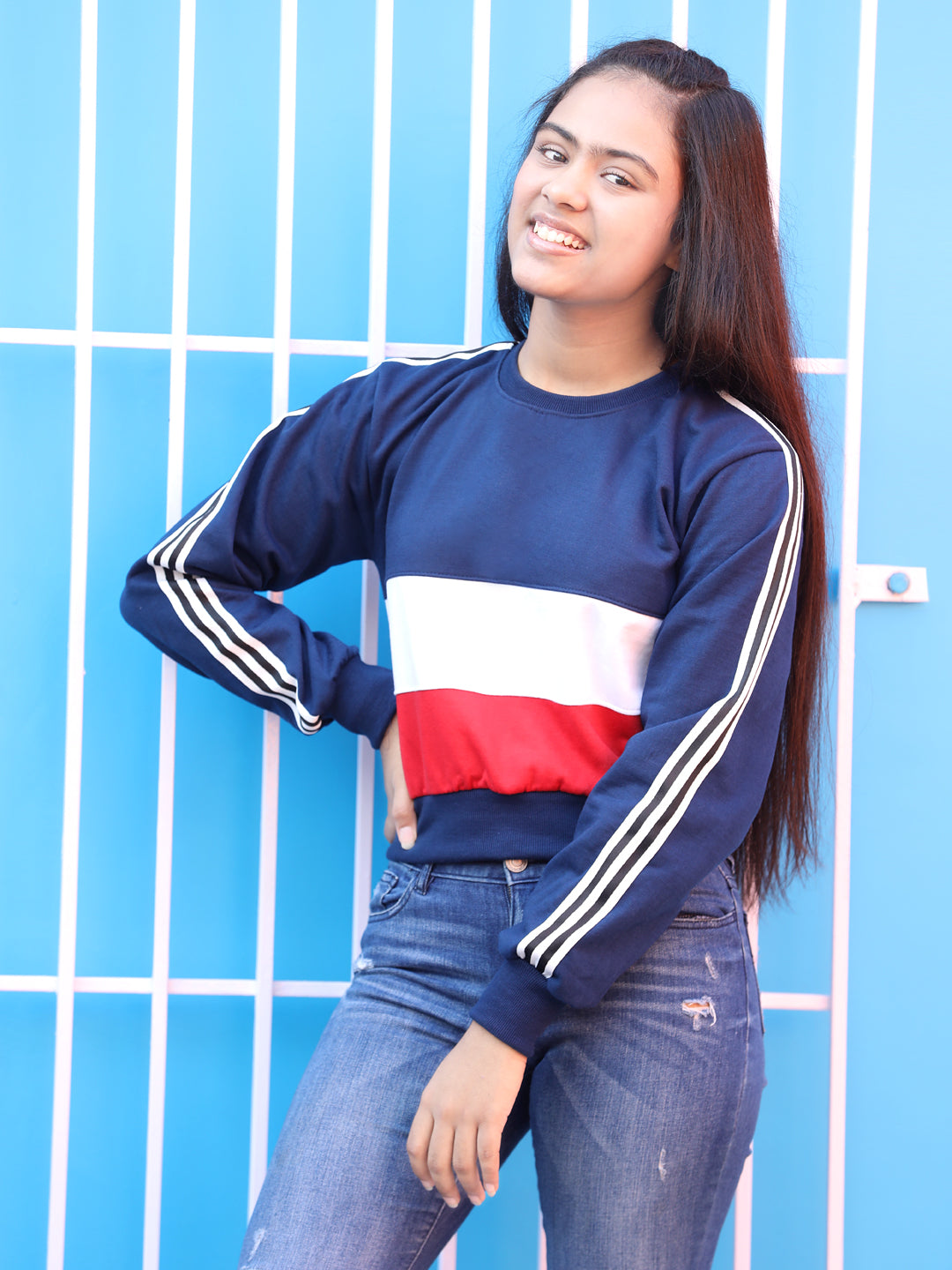 Cutiekins Colourblocked Round Neck Crop Sweatshirt-Navy Blue & White