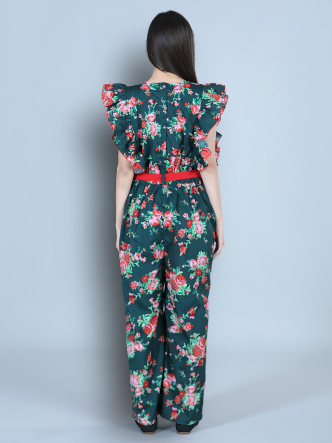 Cutiekins Floral & Leaf Printed Polyester Jumpsuit -Dark Green & Red