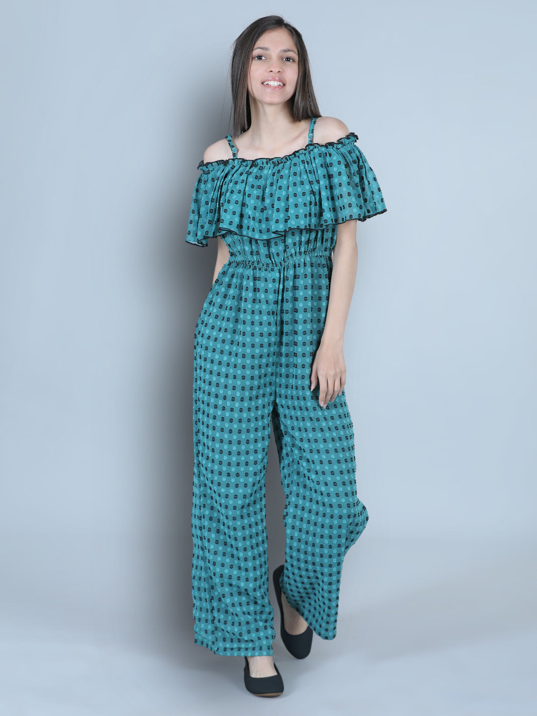 Cutiekins Off Shoulder Dyed Booti Georgette Jumpsuit-Teal