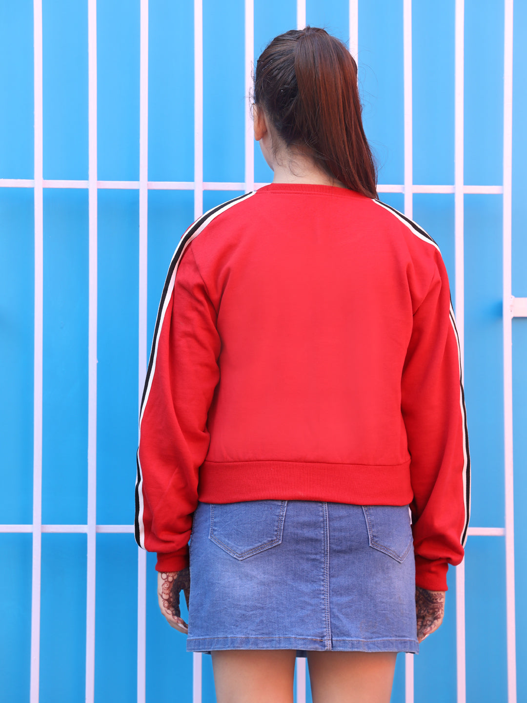 Cutiekins Colourblocked Round Neck Crop Sweatshirt-Red & White