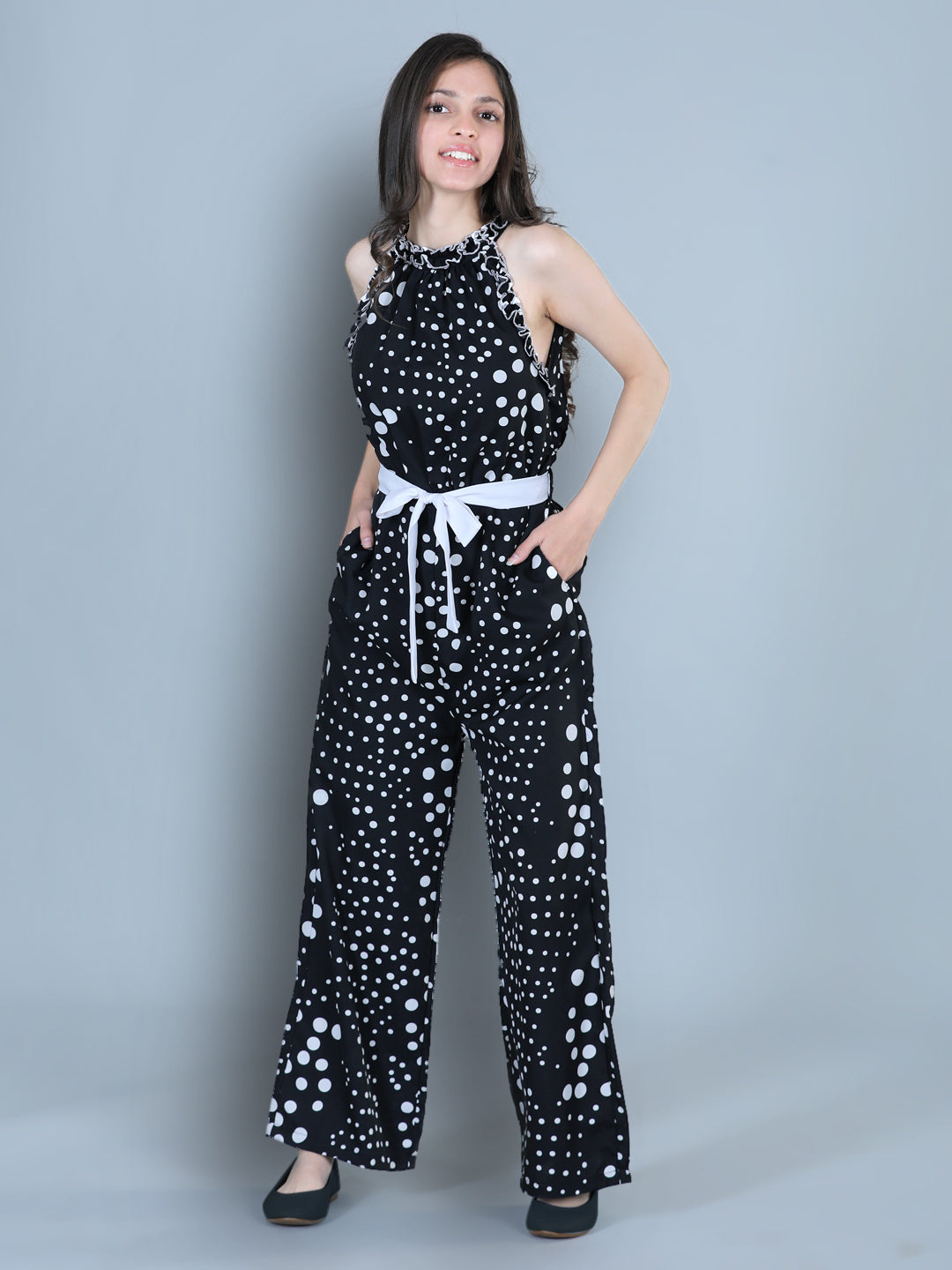 Cutiekins Polka Dot Printed Polyester Jumpsuit -White & Black