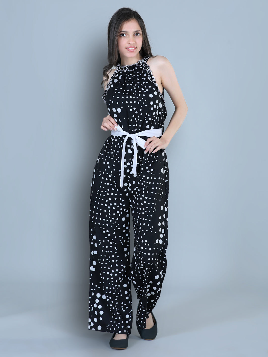 Cutiekins Polka Dot Printed Polyester Jumpsuit -White & Black