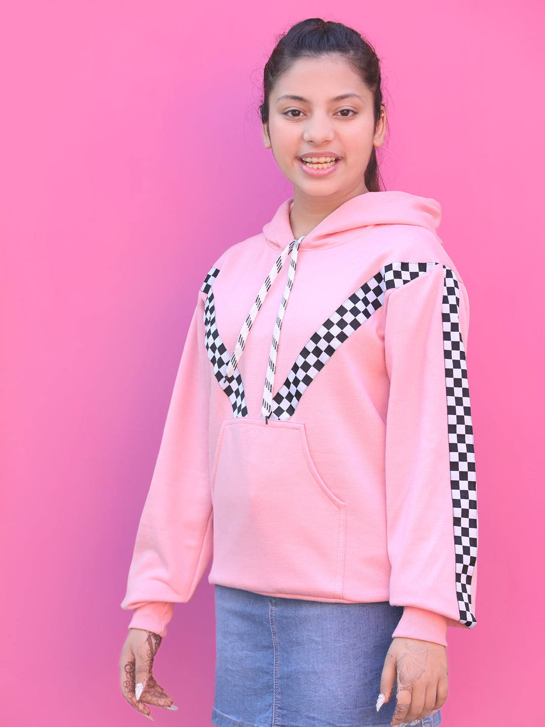 Cutiekins Solid  Lace insert Hood Sweatshirt -Pink & Black