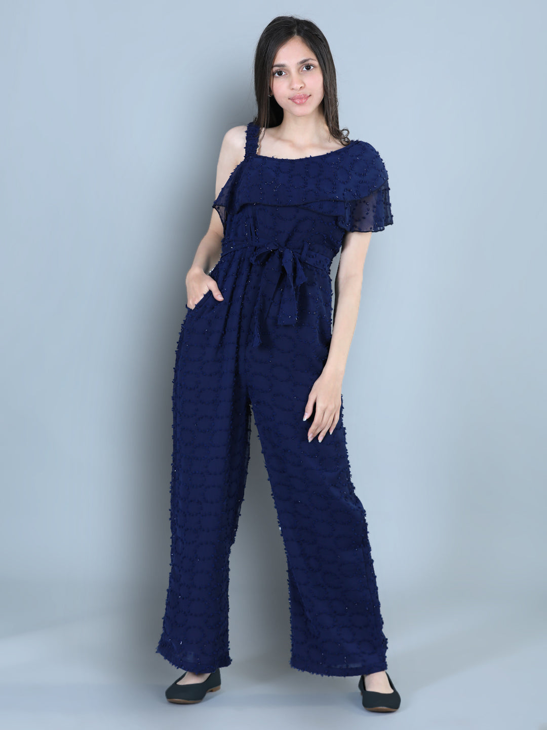 Cutiekins One Shoulder Dyed Booti Georgette Jumpsuit-Navy Blue