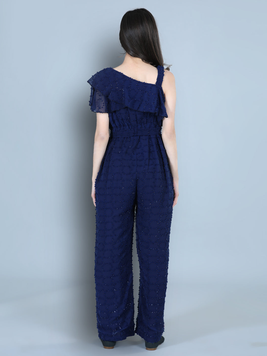 Cutiekins One Shoulder Dyed Booti Georgette Jumpsuit-Navy Blue