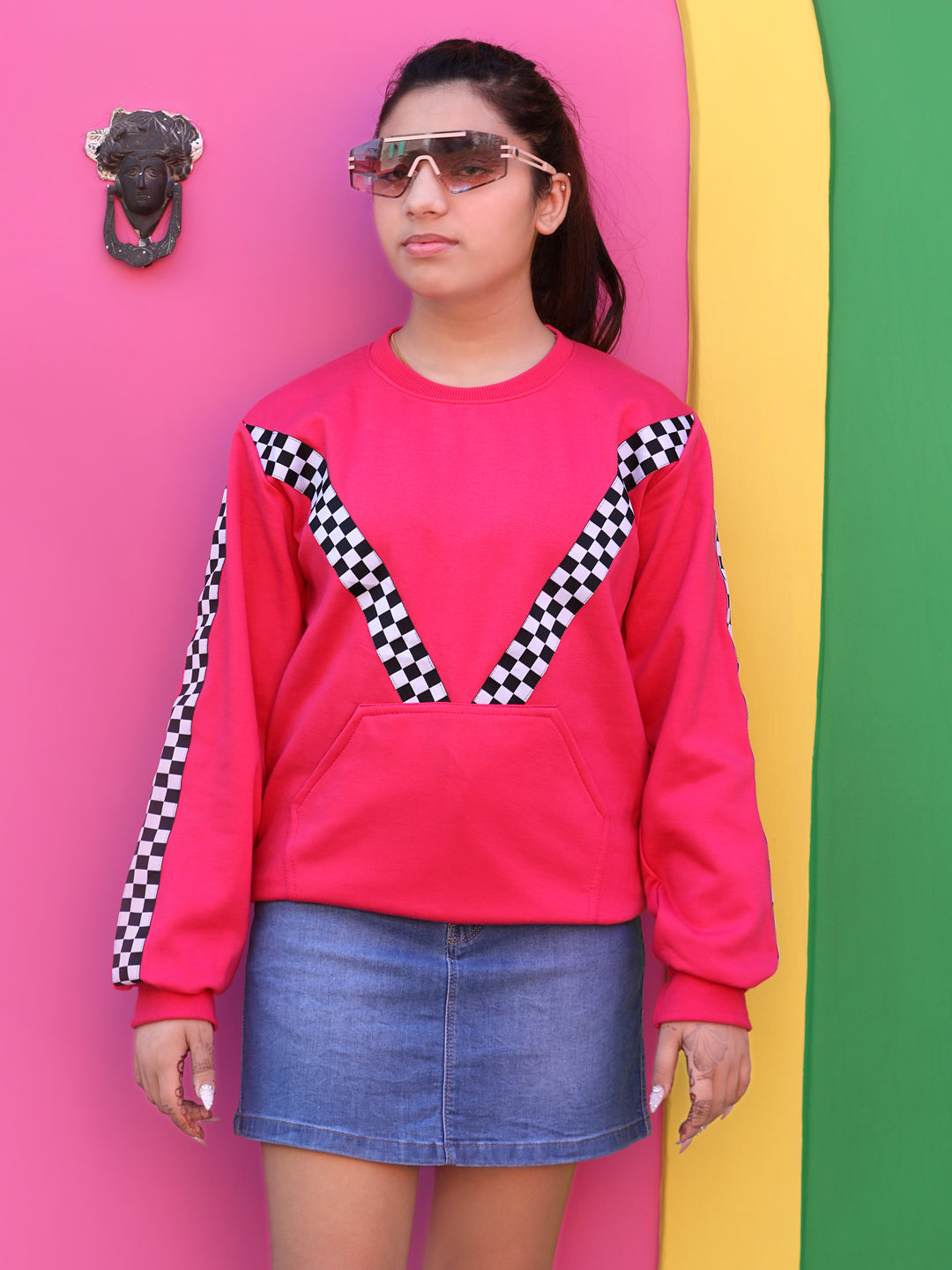 Cutiekins Solid Round Neck Lace insert Sweatshirt -Margenta Pink & Black