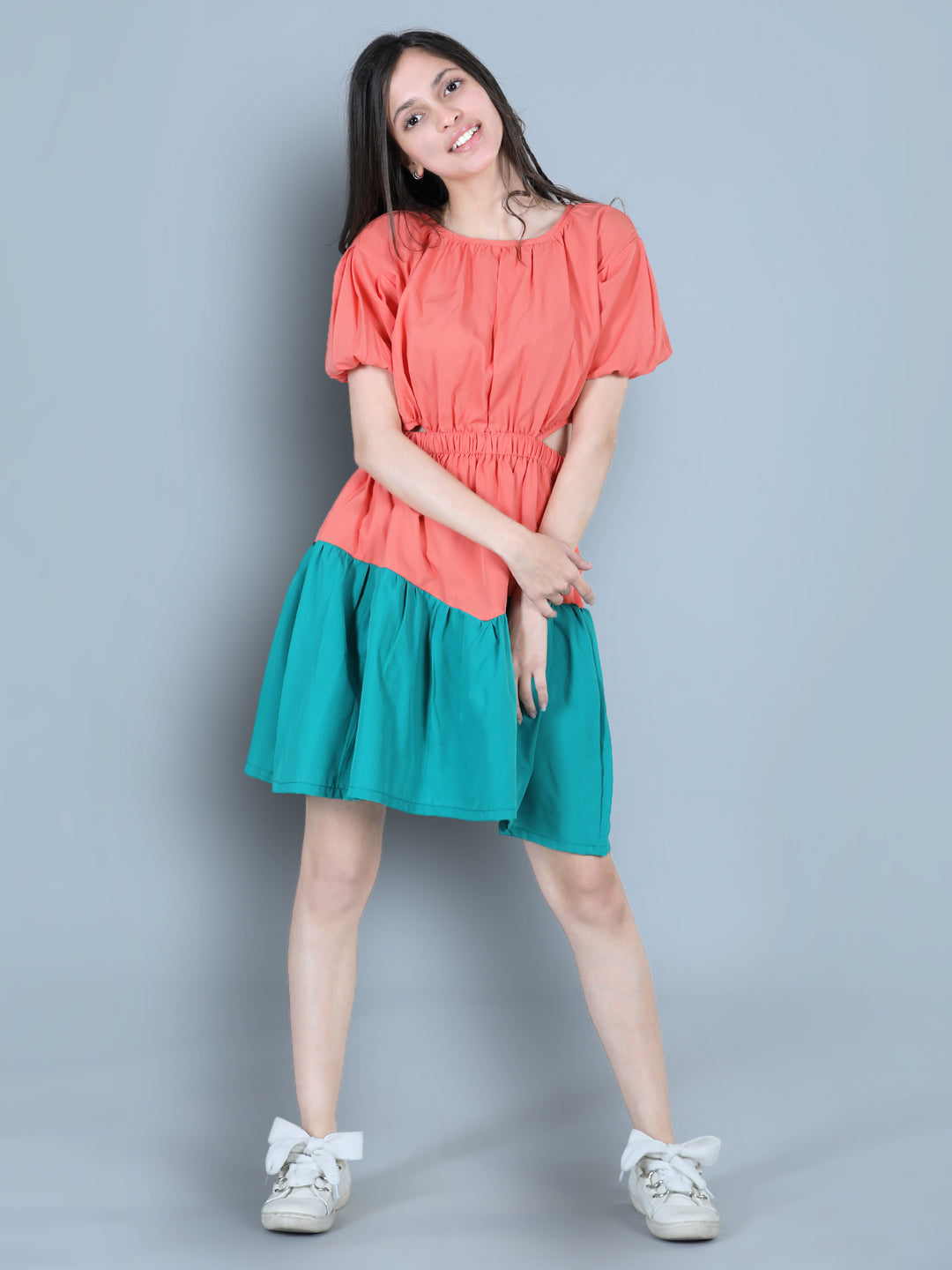 Cutiekins Solid Designer Side Cut Multi Shade Dress-Coral & Green