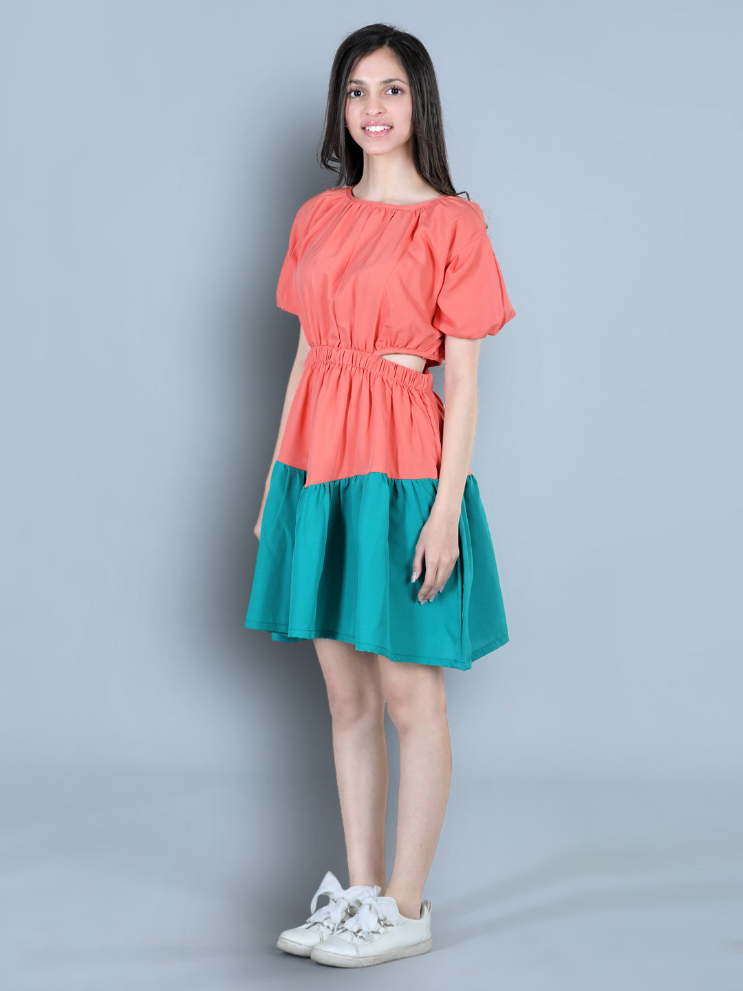 Cutiekins Solid Designer Side Cut Multi Shade Dress-Coral & Green
