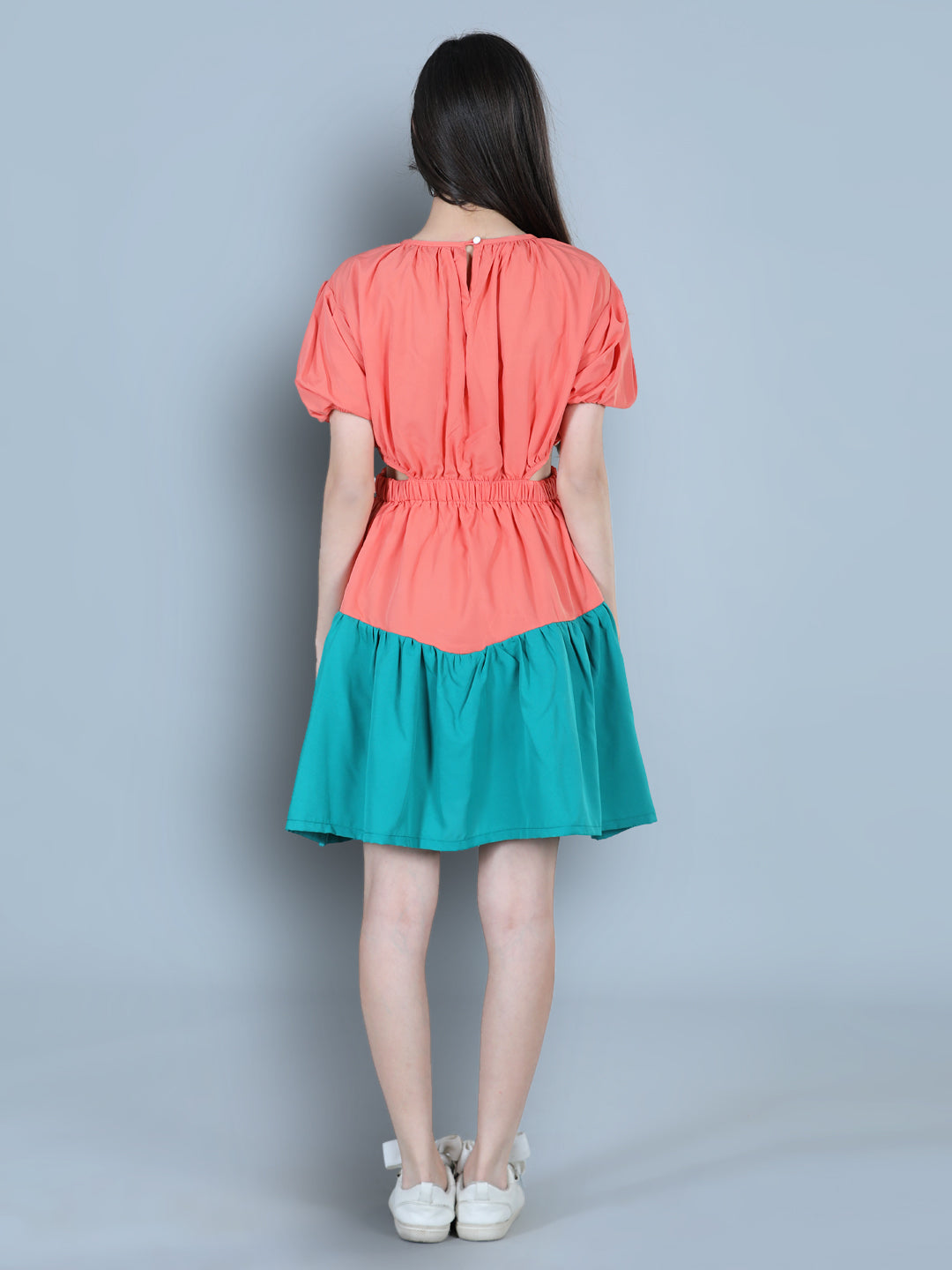 Cutiekins Solid Designer Side Cut Multi Shade Dress-Coral & Green