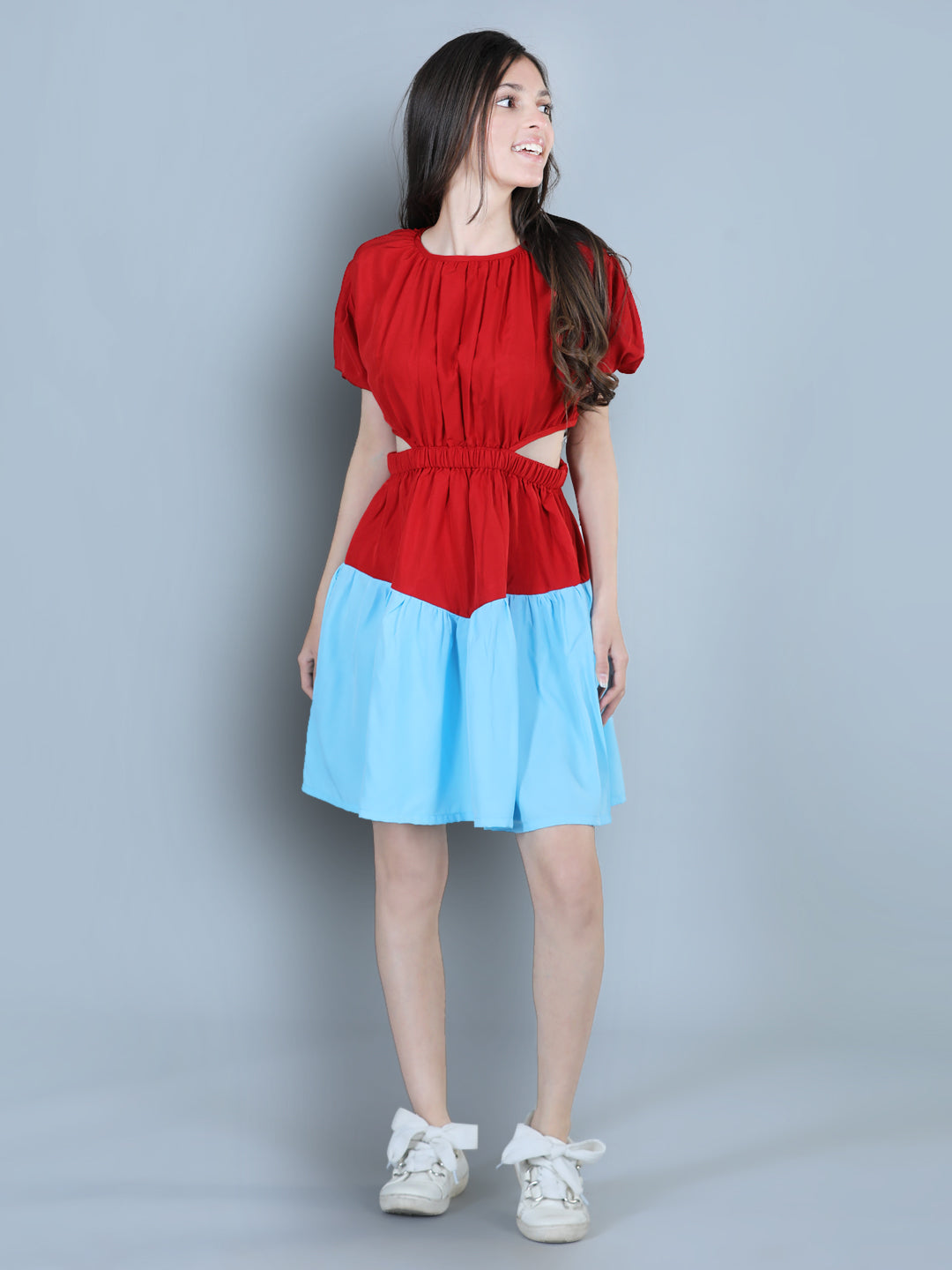 Cutiekins Solid Designer Side Cut Multi Shade Dress-Red & Sky Blue