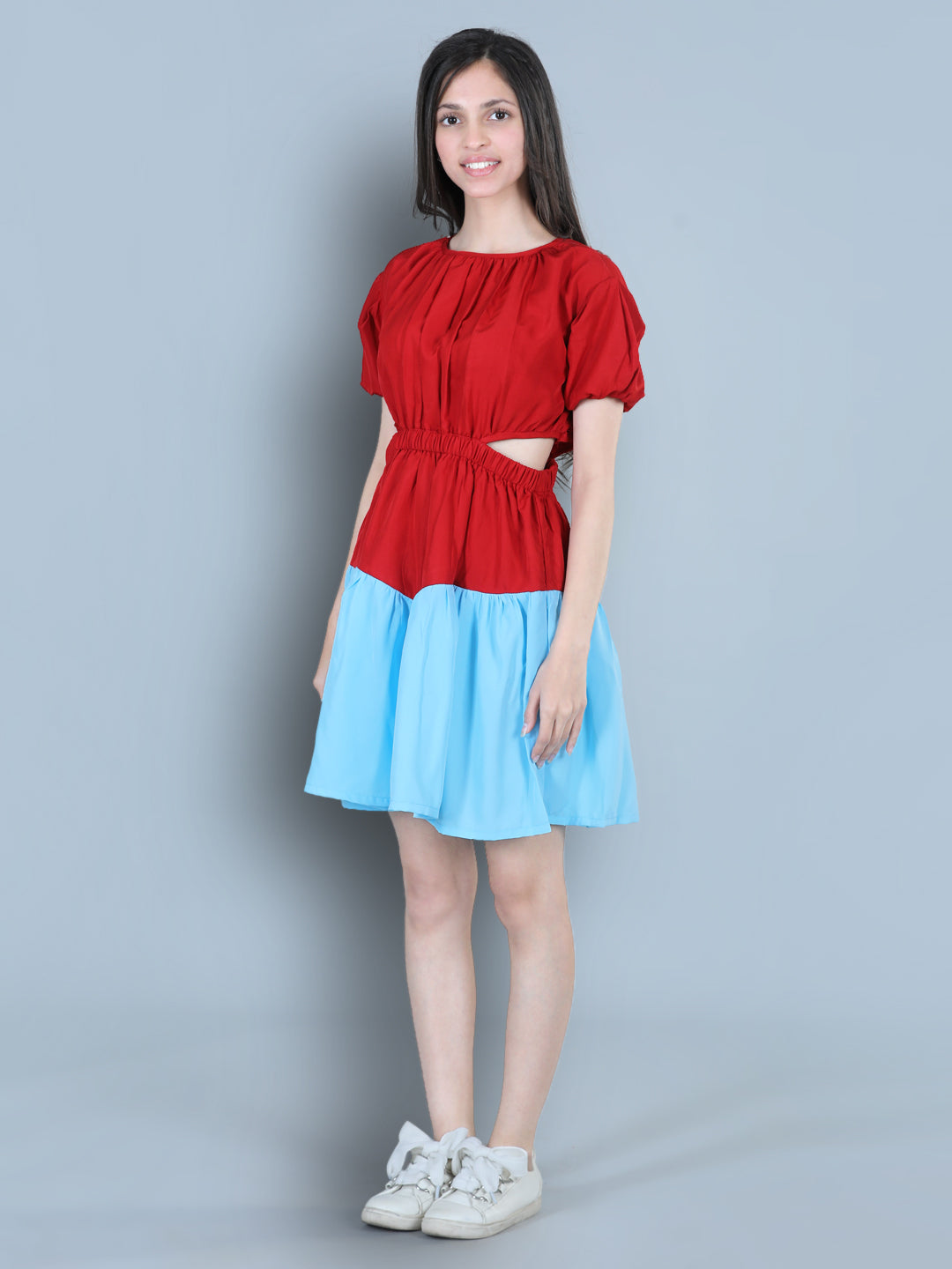 Cutiekins Solid Designer Side Cut Multi Shade Dress-Red & Sky Blue