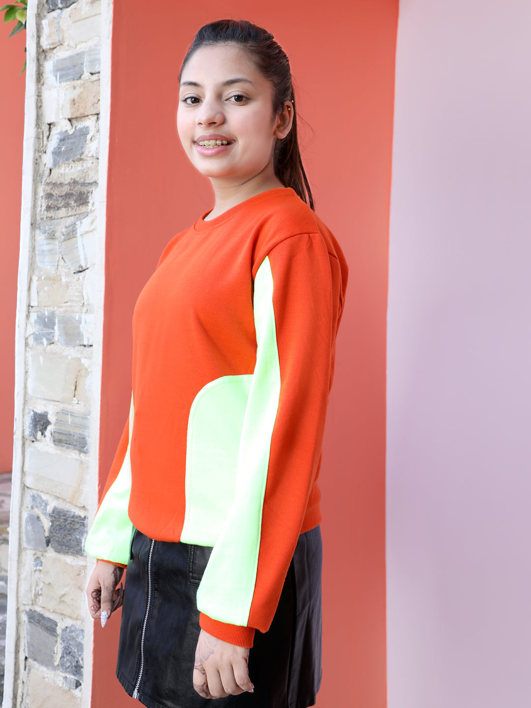 Cutiekins Colourblocked Round Neck Sweatshirt-Orange & Neon Green