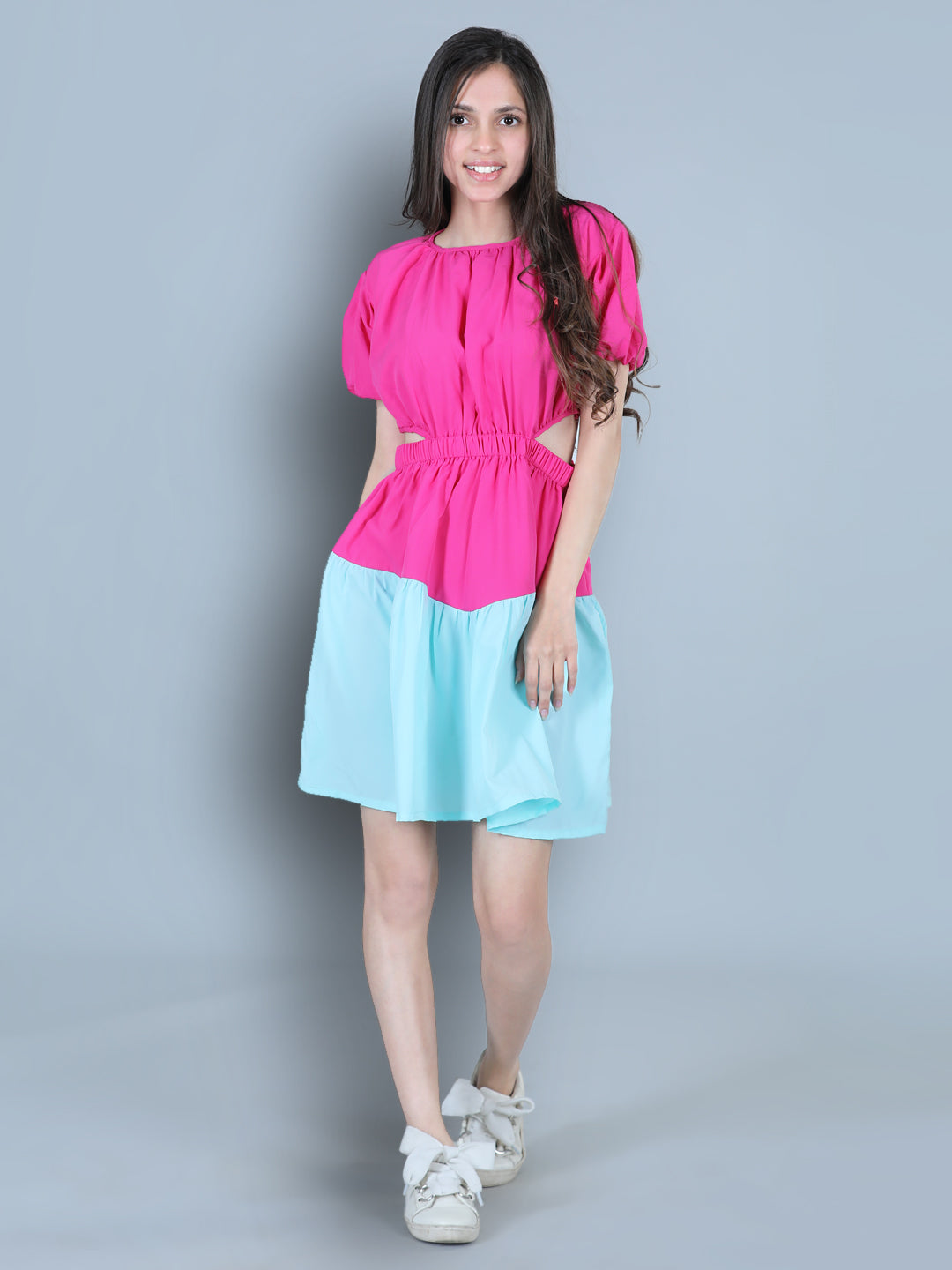 Cutiekins Solid Designer Side Cut Multi Shade Dress-Pink & Turquoise Blue