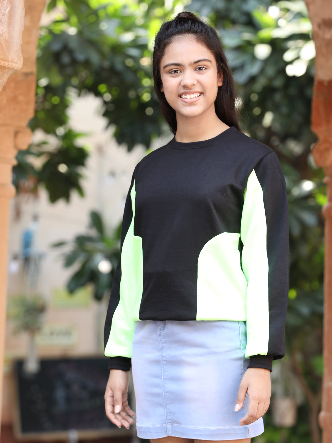 Cutiekins Colourblocked Round Neck Sweatshirt-Black & Neon Green