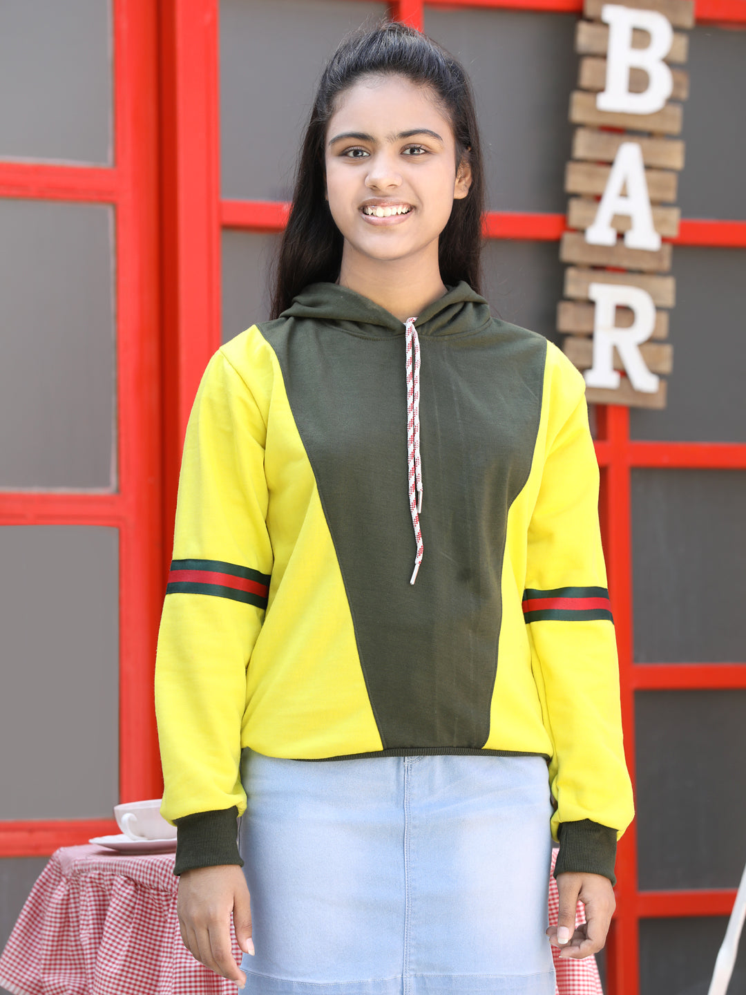 Cutiekins Colourblocked Hood Sweatshirt-Yellow & Mehndi Green