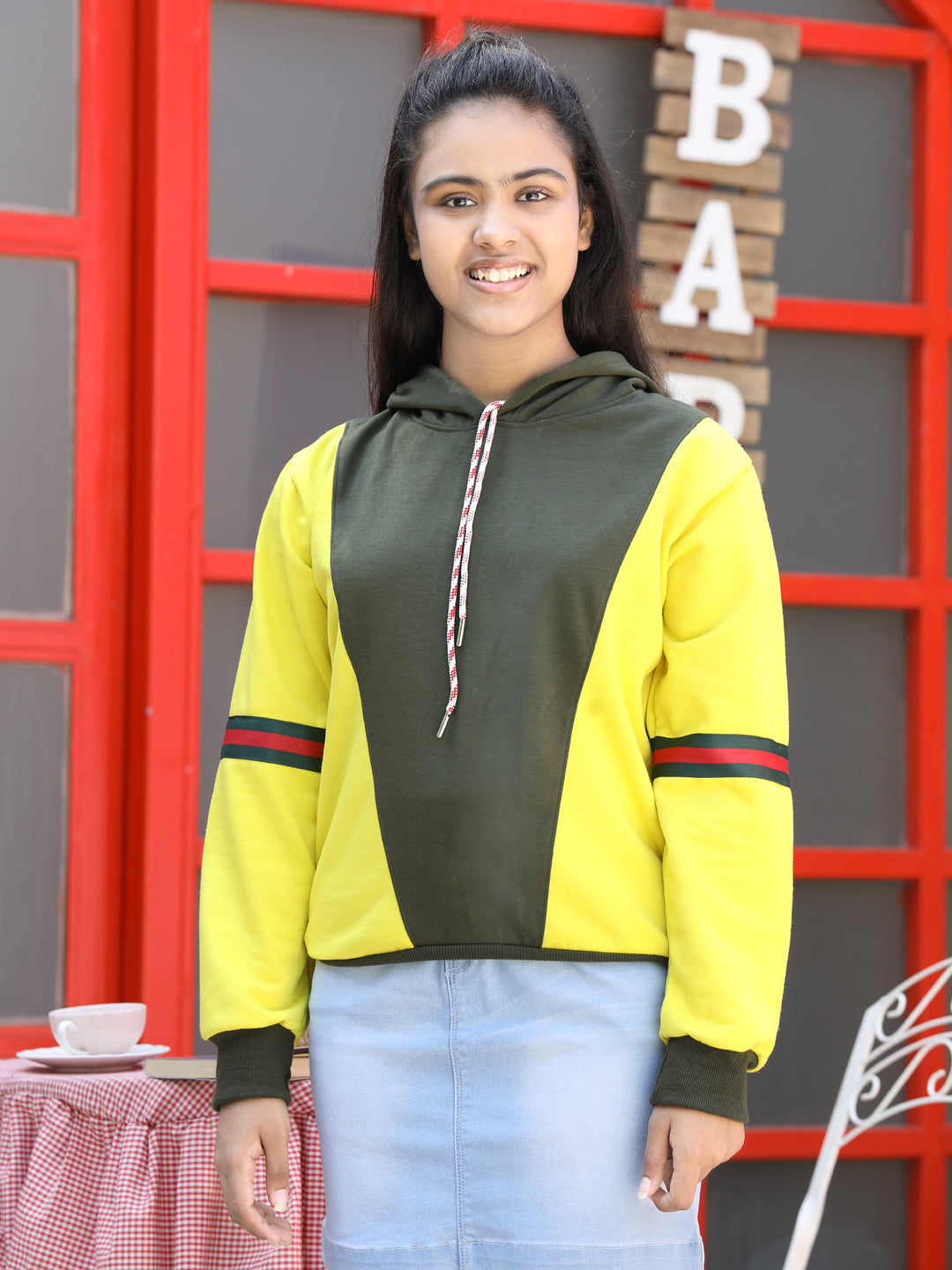 Cutiekins Colourblocked Hood Sweatshirt-Yellow & Mehndi Green