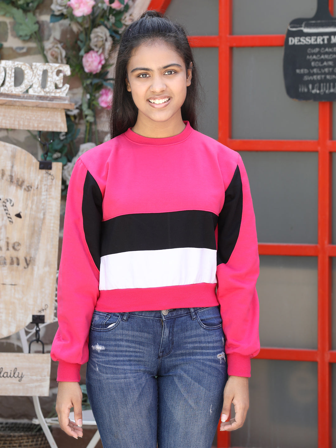 Cutiekins Colourblocked Round Neck Crop Sweatshirt-Pink & Black