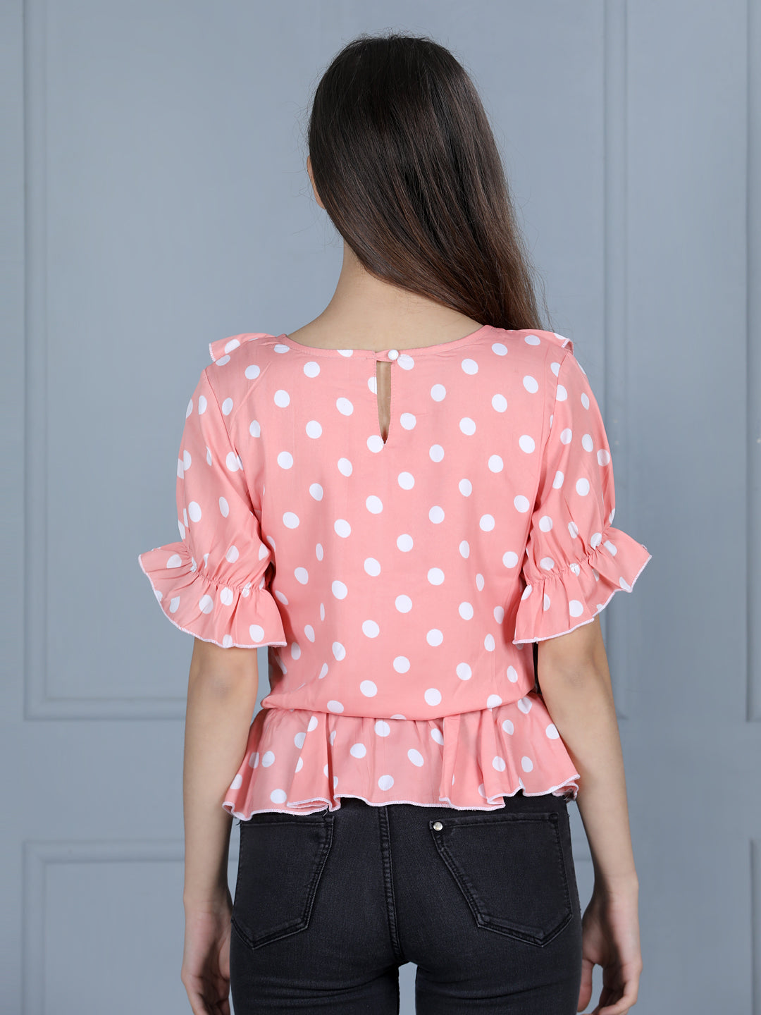 Cutiekins Girls Casual Polyester Peplum Top (Peach & White)