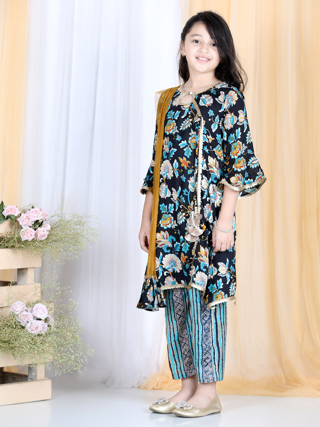 Cutiekins Floral & Striped Printed Angrakha Style Kurta & Palazzo Set -Teal Blue & Brown