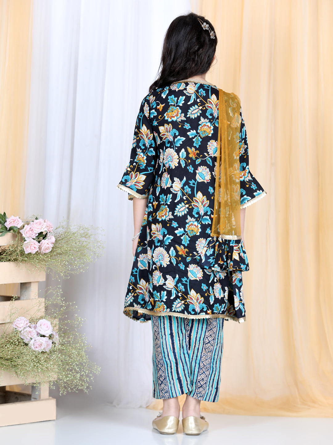 Cutiekins Floral & Striped Printed Angrakha Style Kurta & Palazzo Set -Teal Blue & Brown