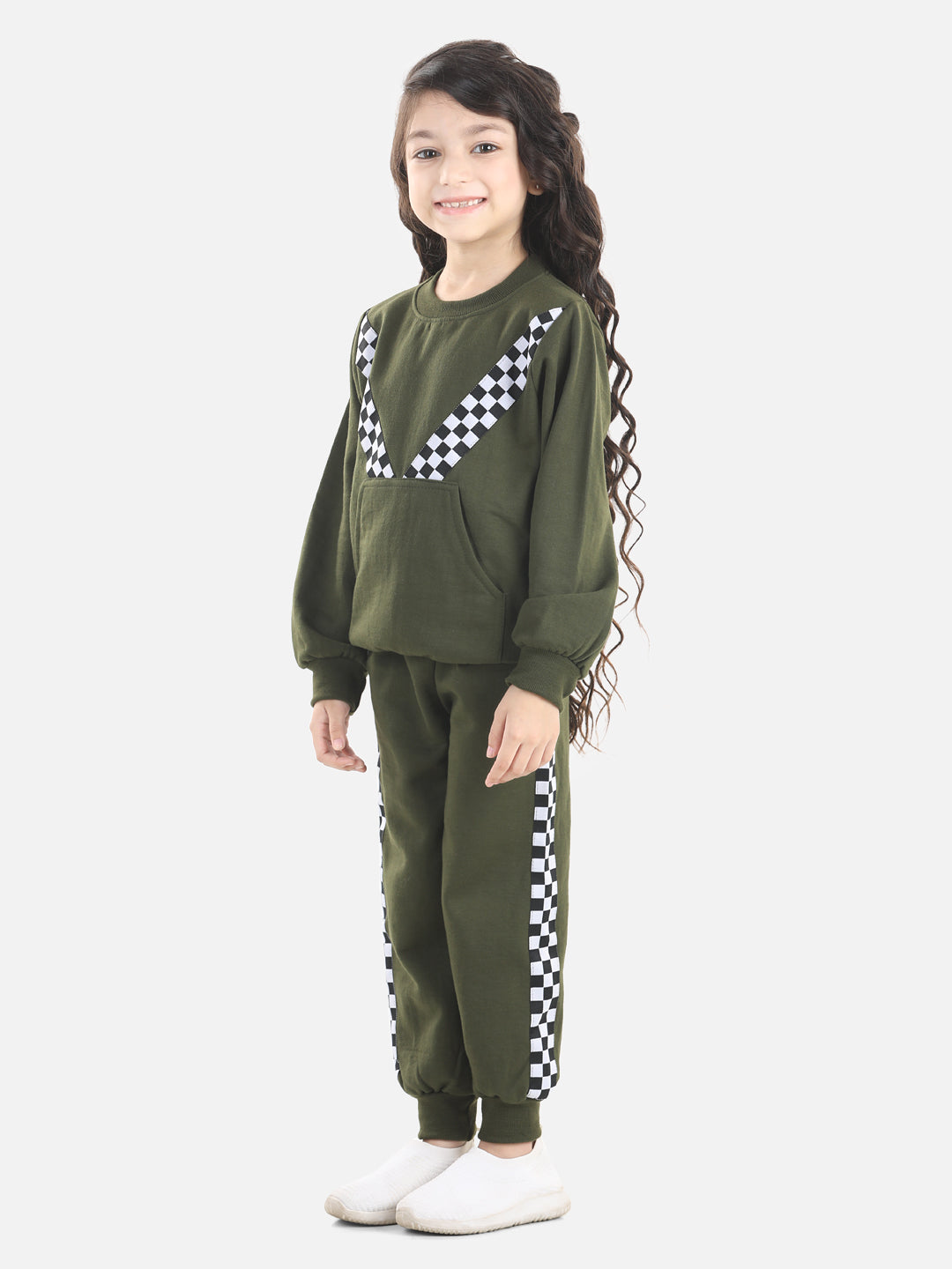 Cutiekins Girls Mehndi Green Sweatshirt With Trackpant