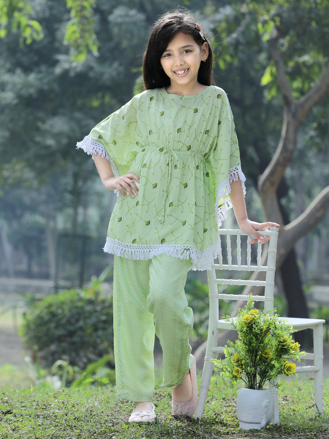 Cutiekins Floral Printed Kaftaan & Palazzo Set -Light Green & White