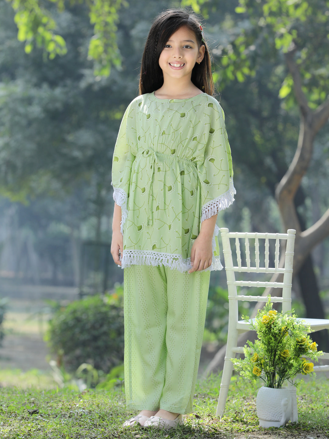 Cutiekins Floral Printed Kaftaan & Palazzo Set -Light Green & White