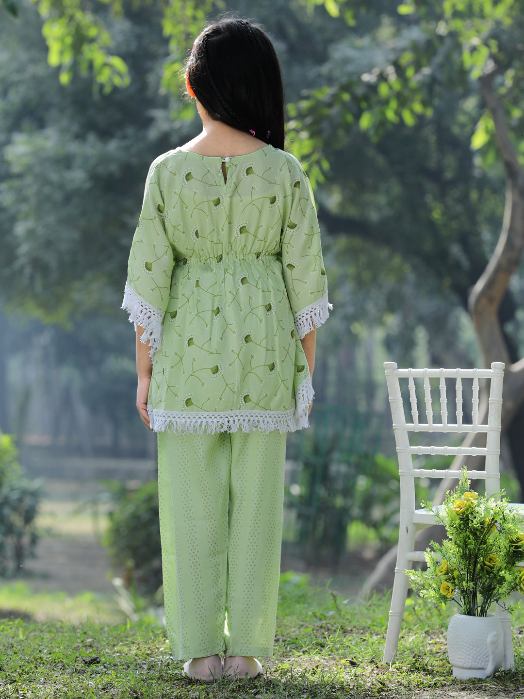 Cutiekins Floral Printed Kaftaan & Palazzo Set -Light Green & White