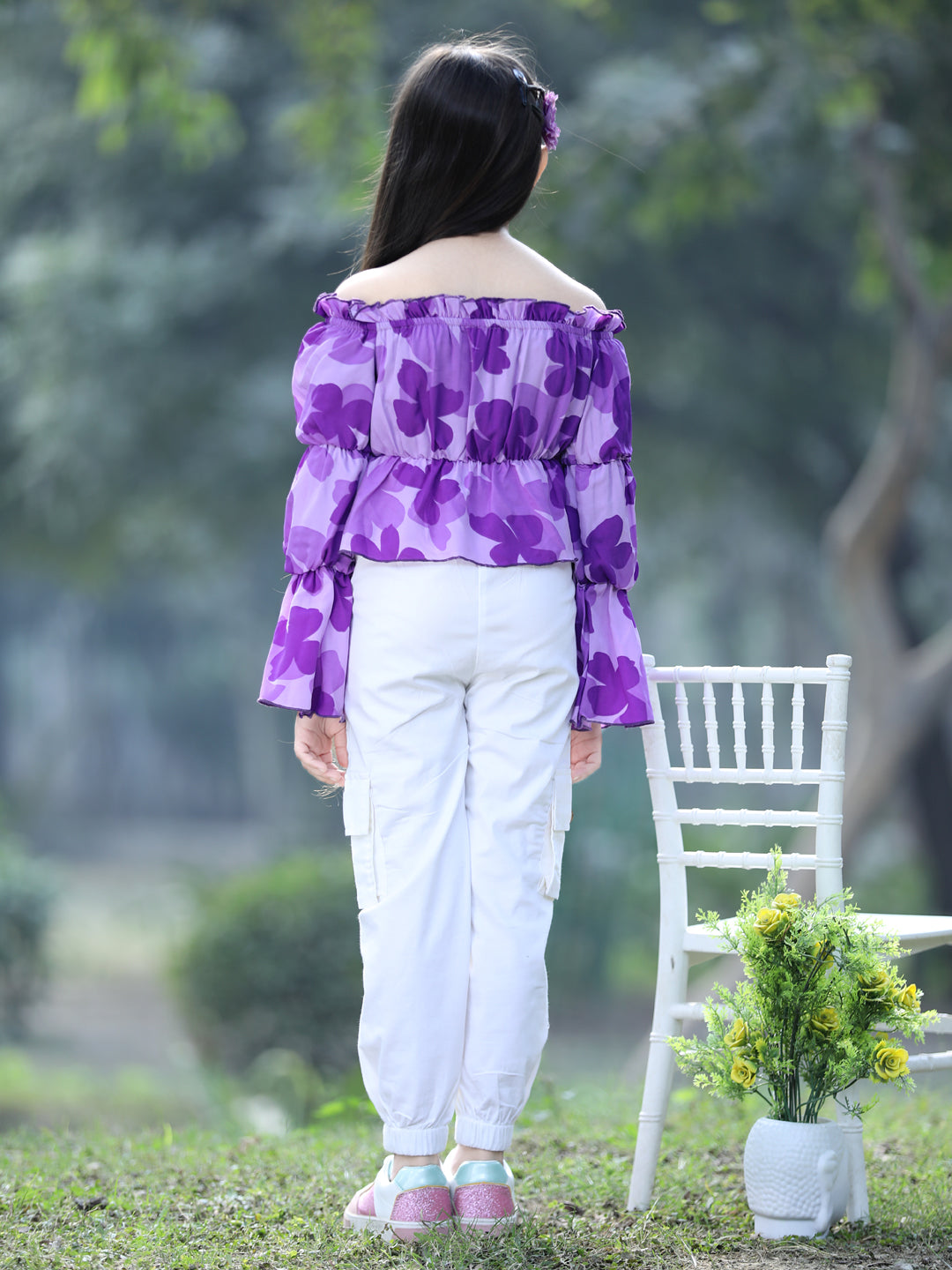 Cutiekins Printed Polyester Top & Cargo Set -Purple & Off White