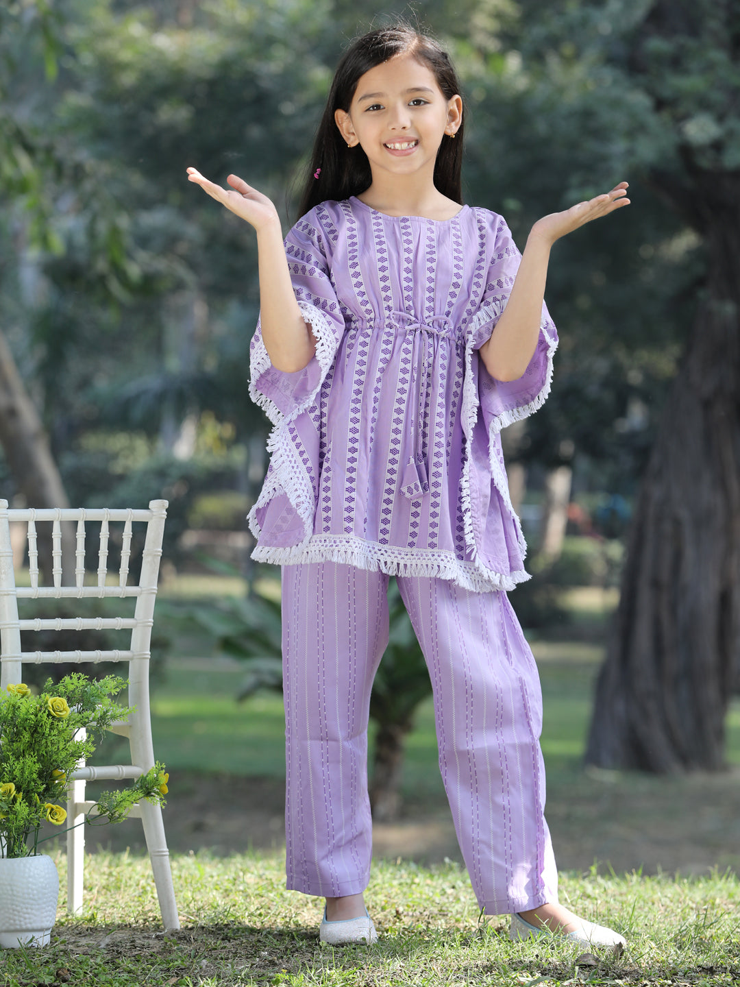 Cutiekins Stripe & Geometric Printed Kaftaan & Palazzo Set -Purple & White